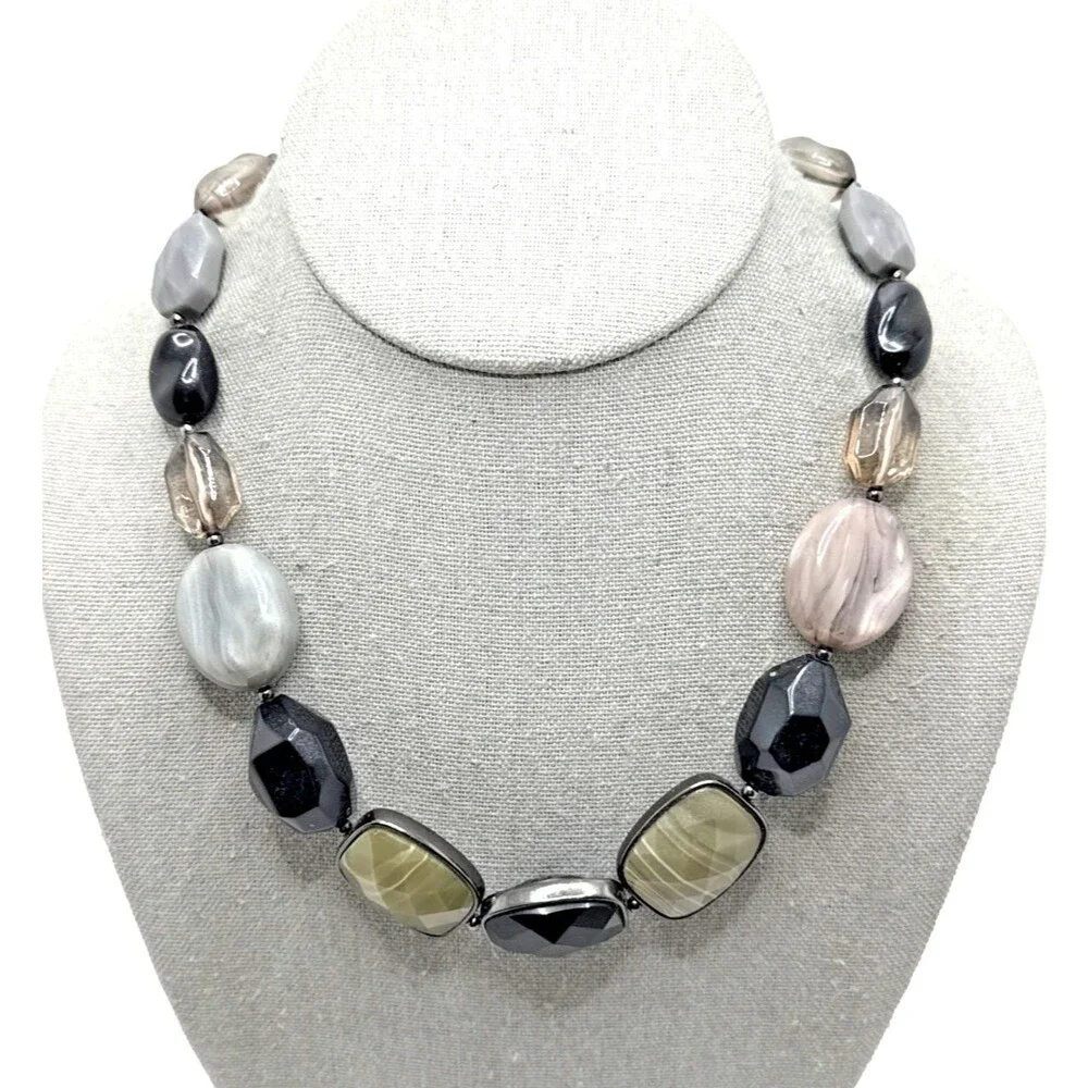 Jones New York JNY Chunky Bead Choker Necklace Olive Black Gray Statement 17-19